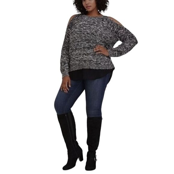 Torrid Marled Cold Shoulder Split Back Sweater Top Black White Size 1 (14-16) - Picture 1 of 7